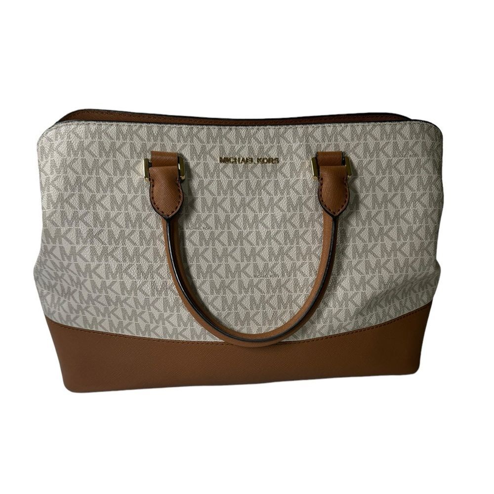 Michael Kors Savannah Large Satchel Vanilla/Acorn Womans Purse Handbag